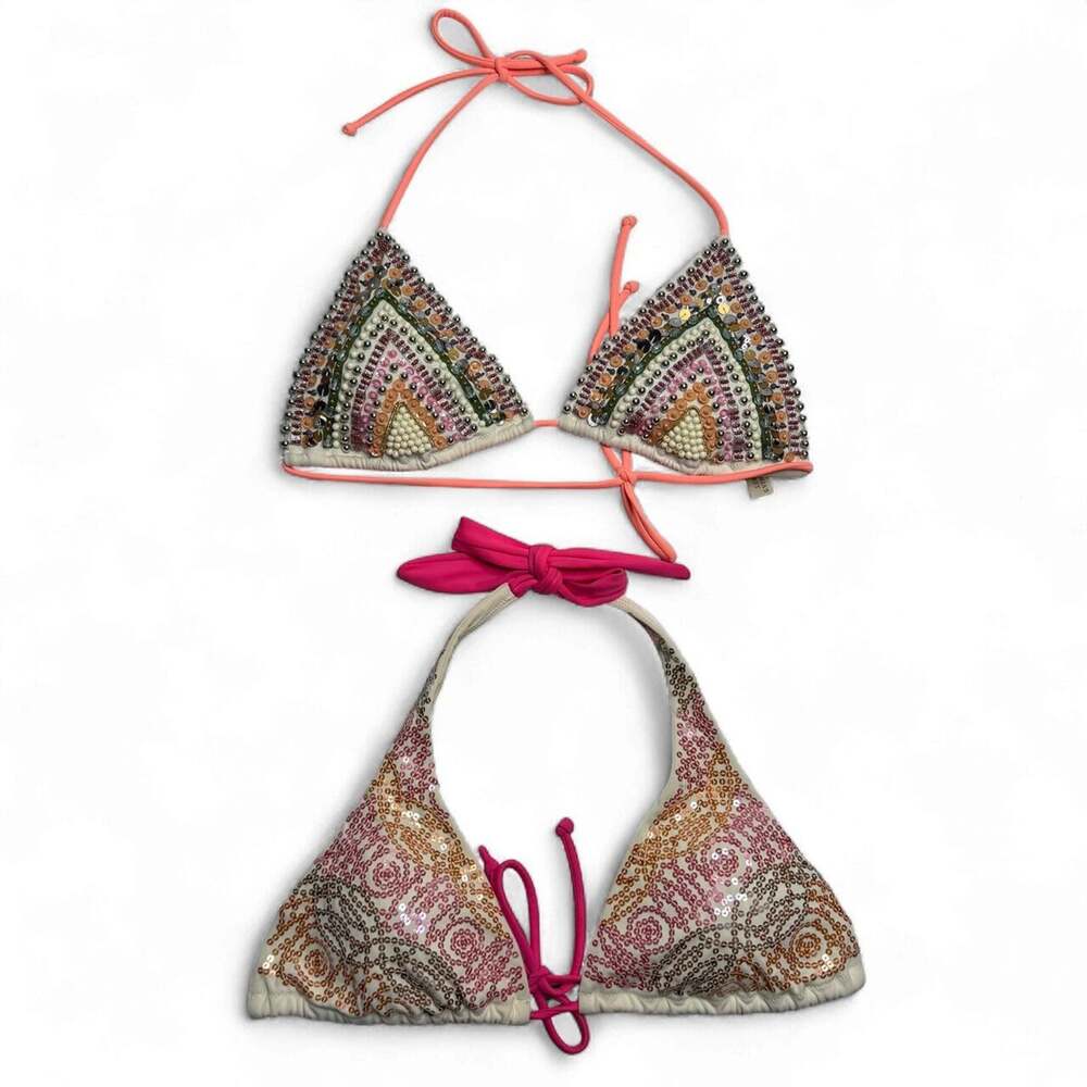 Y2K beaded bikini set with pink, brown, and beige Victorias Secret size large